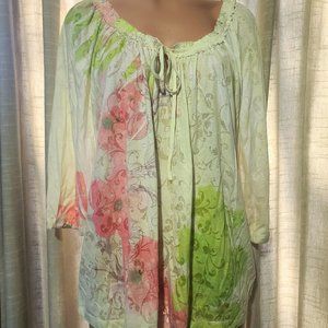 NWOT Fashion Bug Cream and Floral Top, Embellished Neckline, Size XL